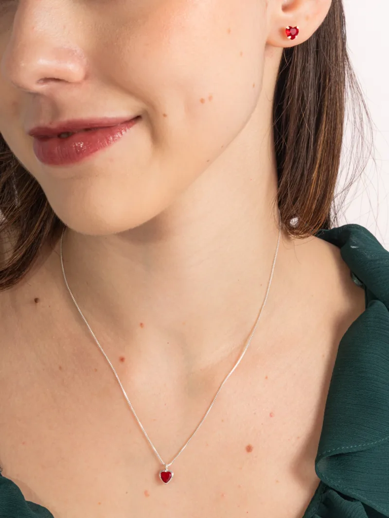 Conjunto de Prata 925 Coração Delicado Zircônia Vermelho