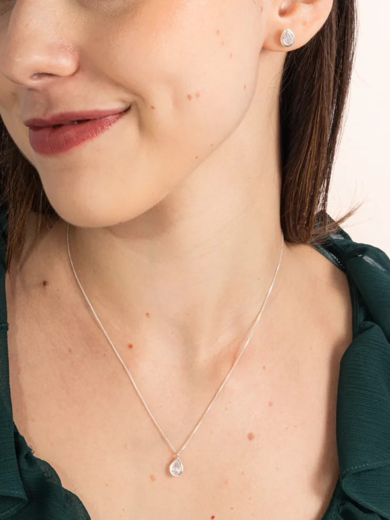 Conjunto de Prata 925 Zircônia Gota Branca Cravação Inglesa