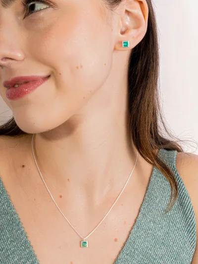 Conjunto de Prata 925 Zircônia Quadrada Verde Turmalina Cravação Inglesa 7mm — foto 1