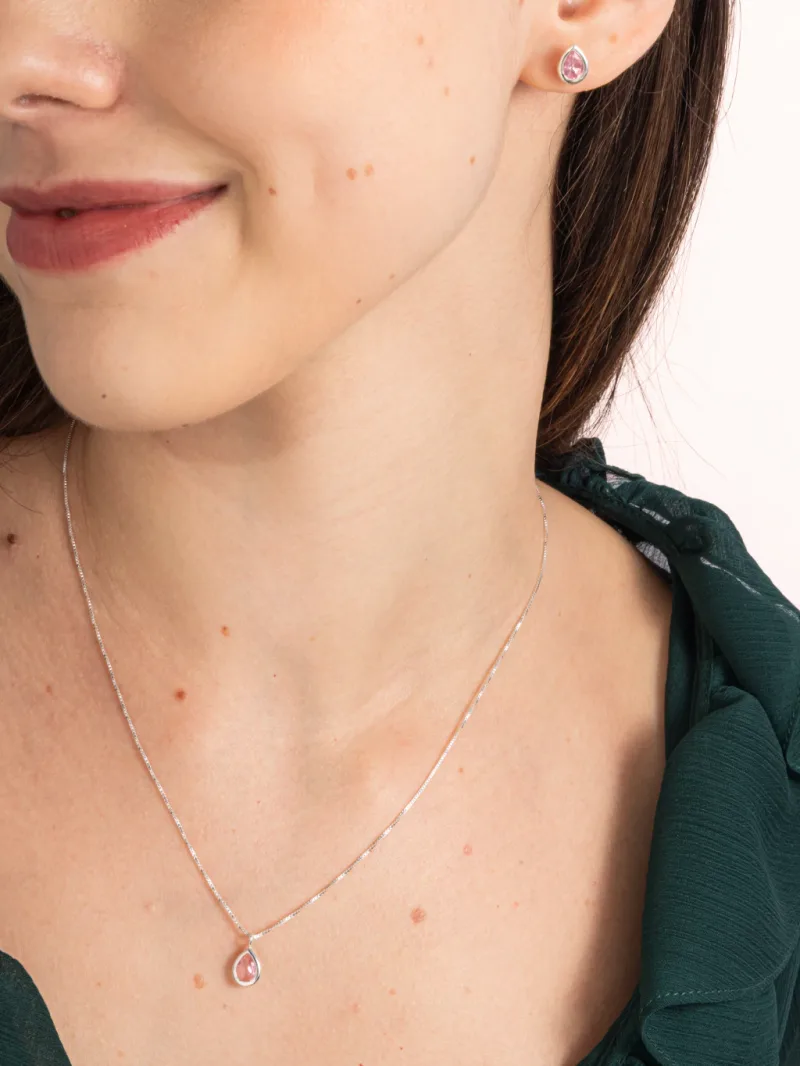 Conjunto de Prata 925 Zircônia Gota Rosa Cravação Inglesa