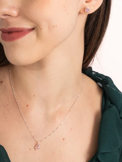 Conjunto de Prata 925 Zircônia Gota Rosa Cravação Inglesa — foto 1