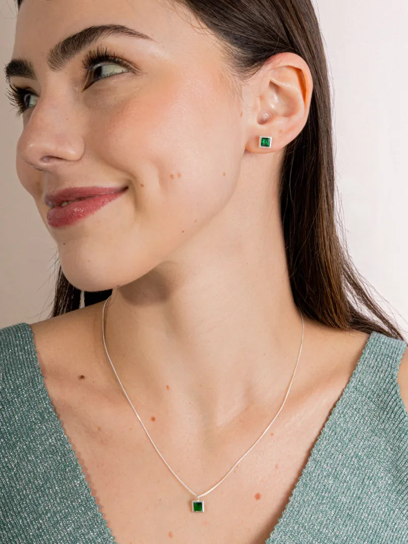 Conjunto de Prata 925 Zircônia Quadrada Verde Escuro Cravação Inglesa 7mm