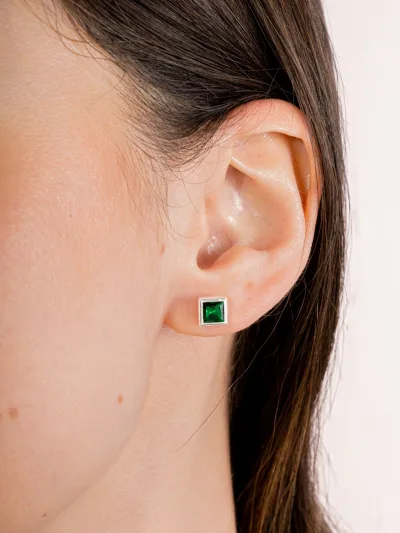 Conjunto de Prata 925 Zircônia Quadrada Verde Escuro Cravação Inglesa 7mm — foto 3