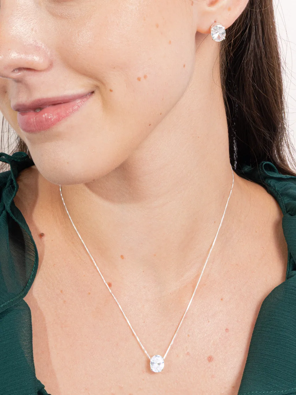 Conjunto de Prata 925 Zircônia Branca Oval