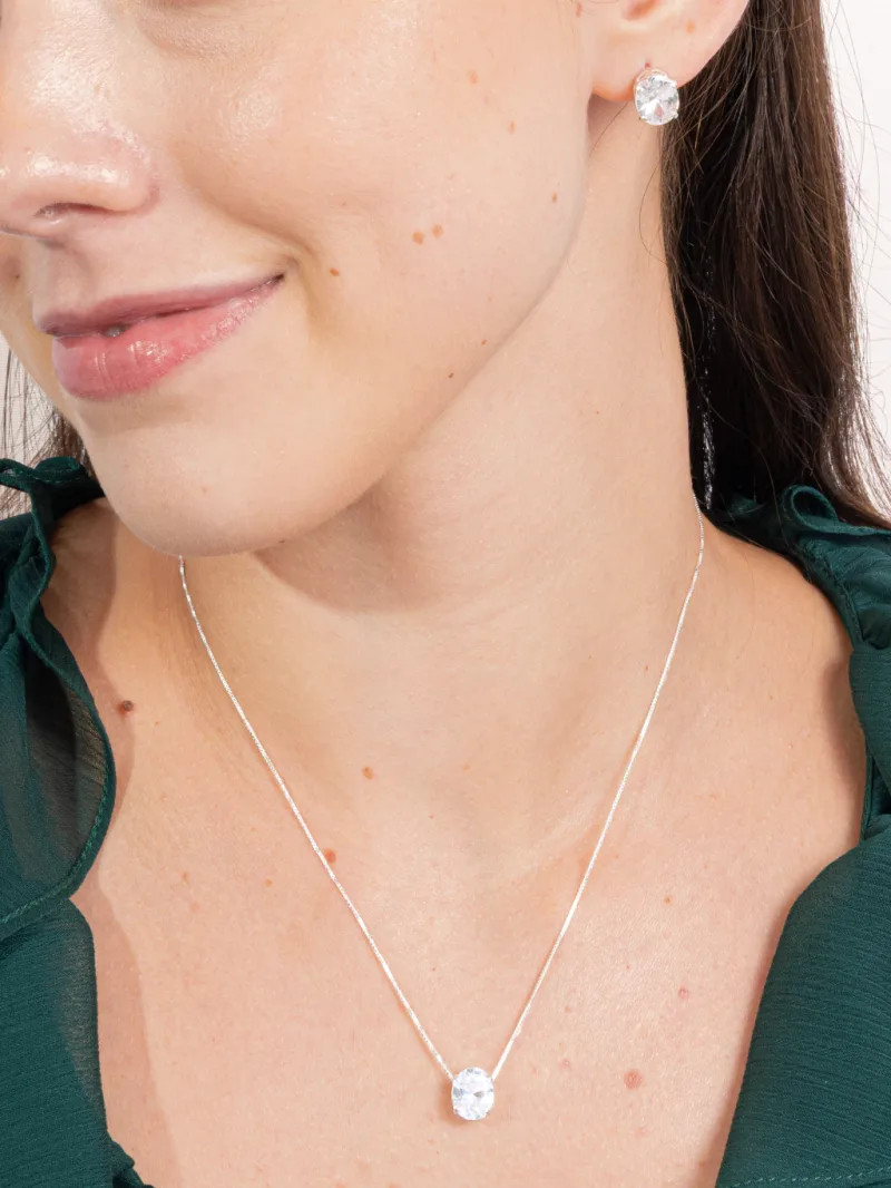 Conjunto de Prata 925 Zircônia Branca Oval