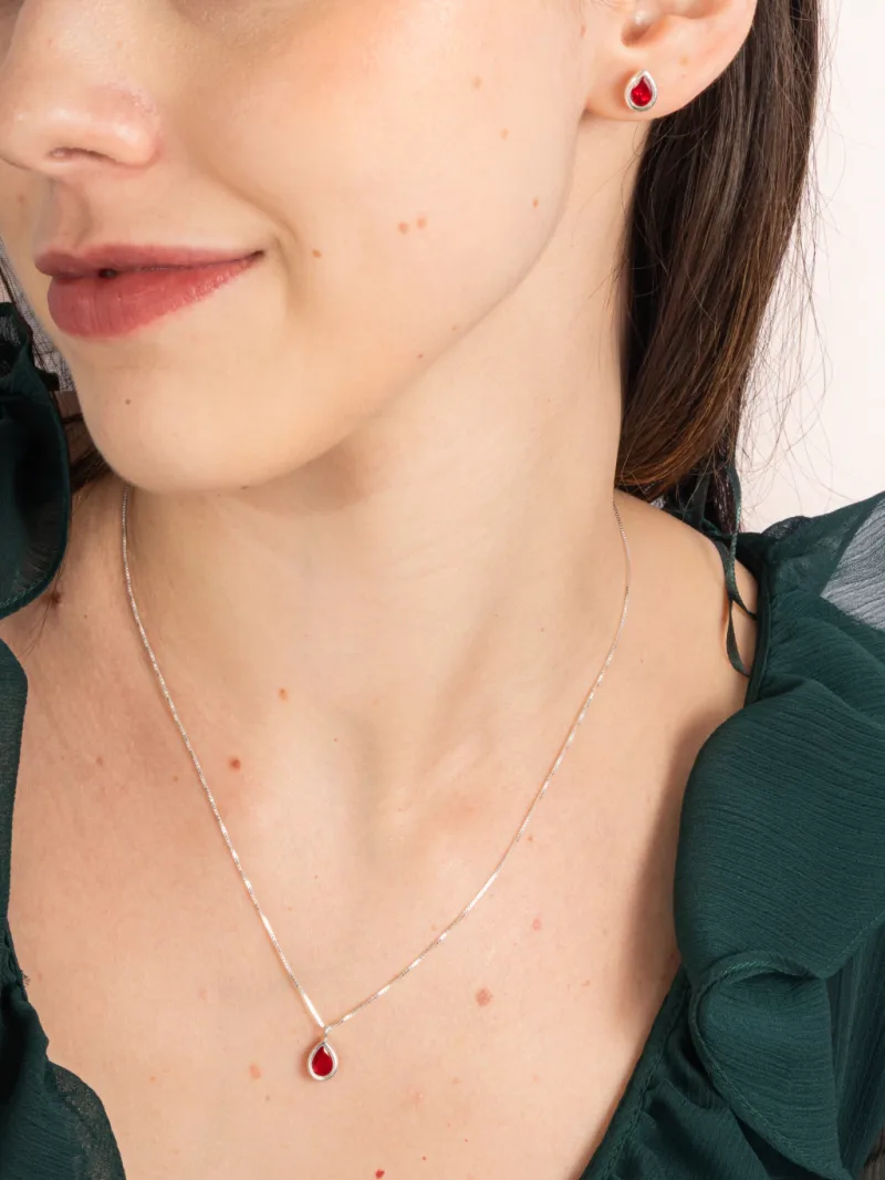 Conjunto de Prata 925 Zircônia Gota Vermelho Cravação Inglesa