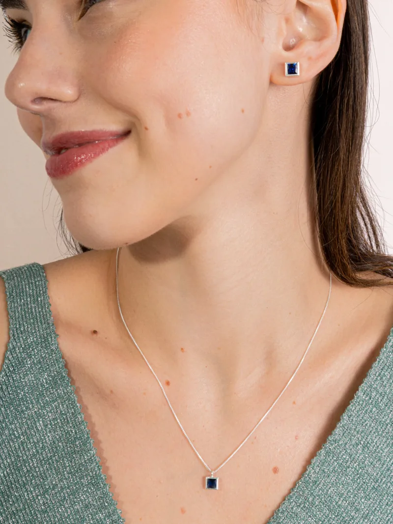Conjunto de Prata 925 Zircônia Quadrada Azul Escuro Cravação Inglesa 7mm