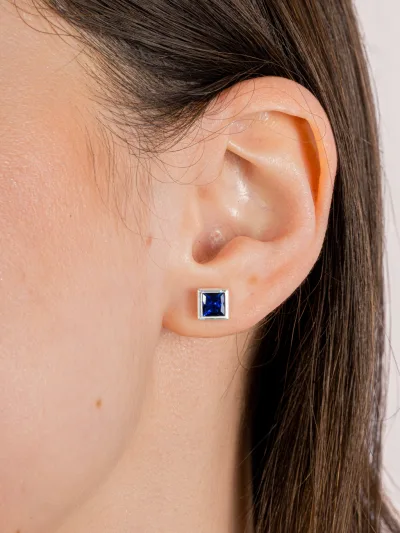 Conjunto de Prata 925 Zircônia Quadrada Azul Escuro Cravação Inglesa 7mm — foto 3