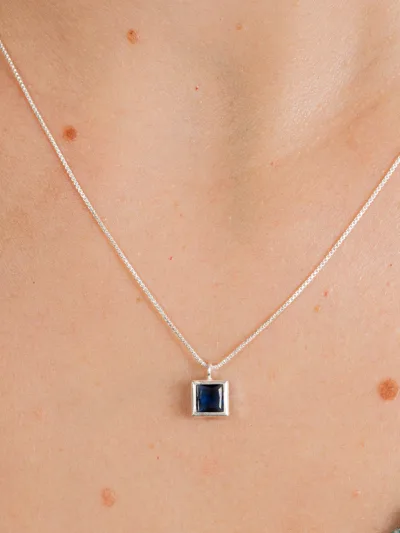 Conjunto de Prata 925 Zircônia Quadrada Azul Escuro Cravação Inglesa 7mm — foto 2