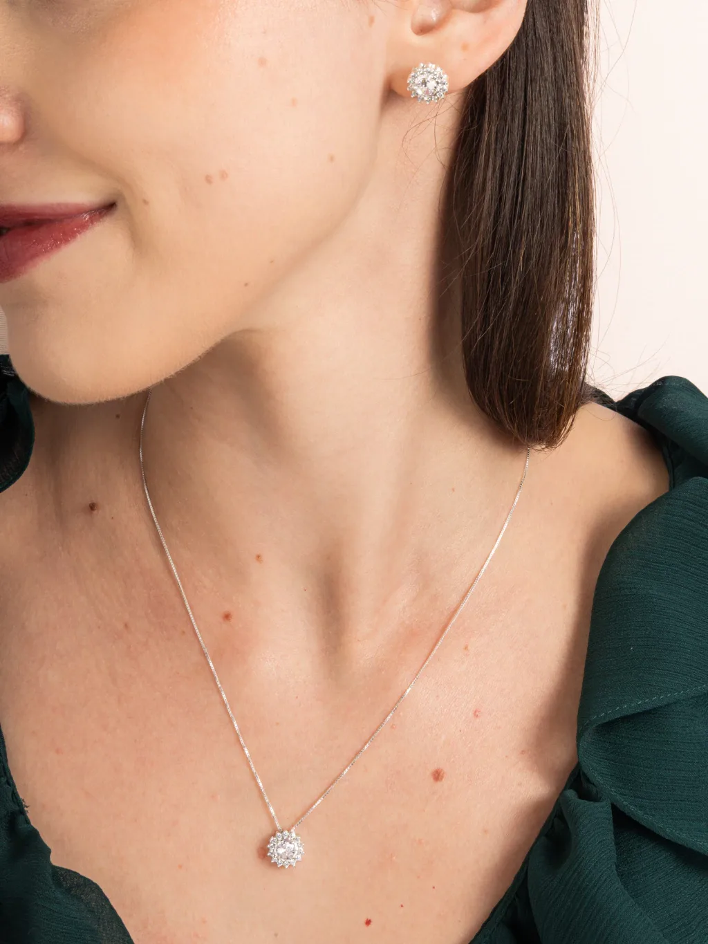 Conjunto De Prata 925 Cravejado com Zircônias e Ponto de Luz Branco