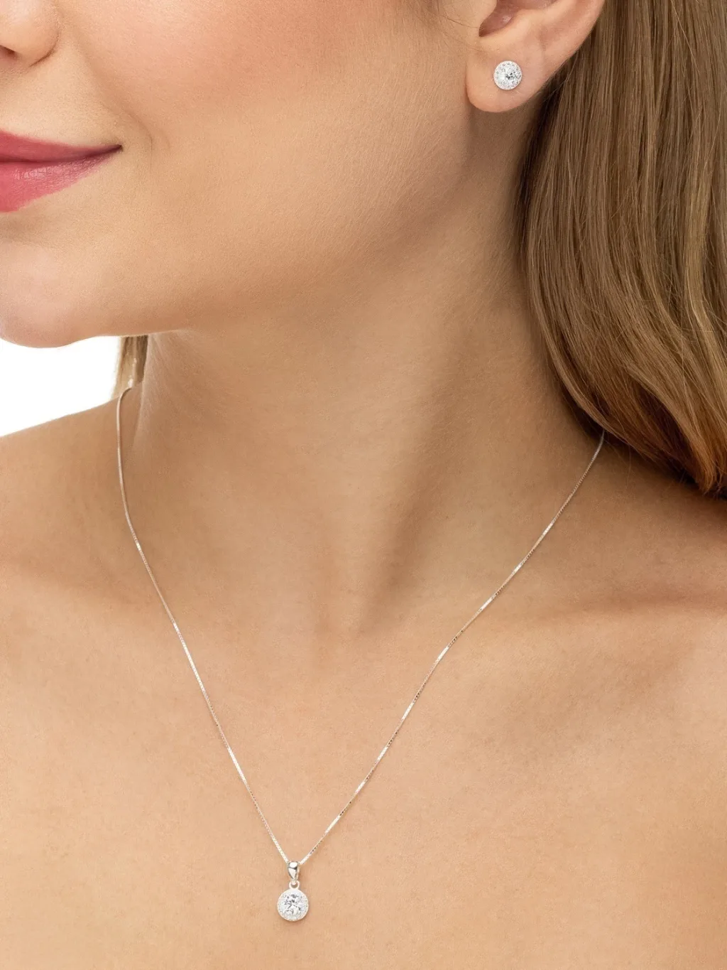 Conjunto de Prata 925 Zircônia Redonda Branca Cravejada em Volta