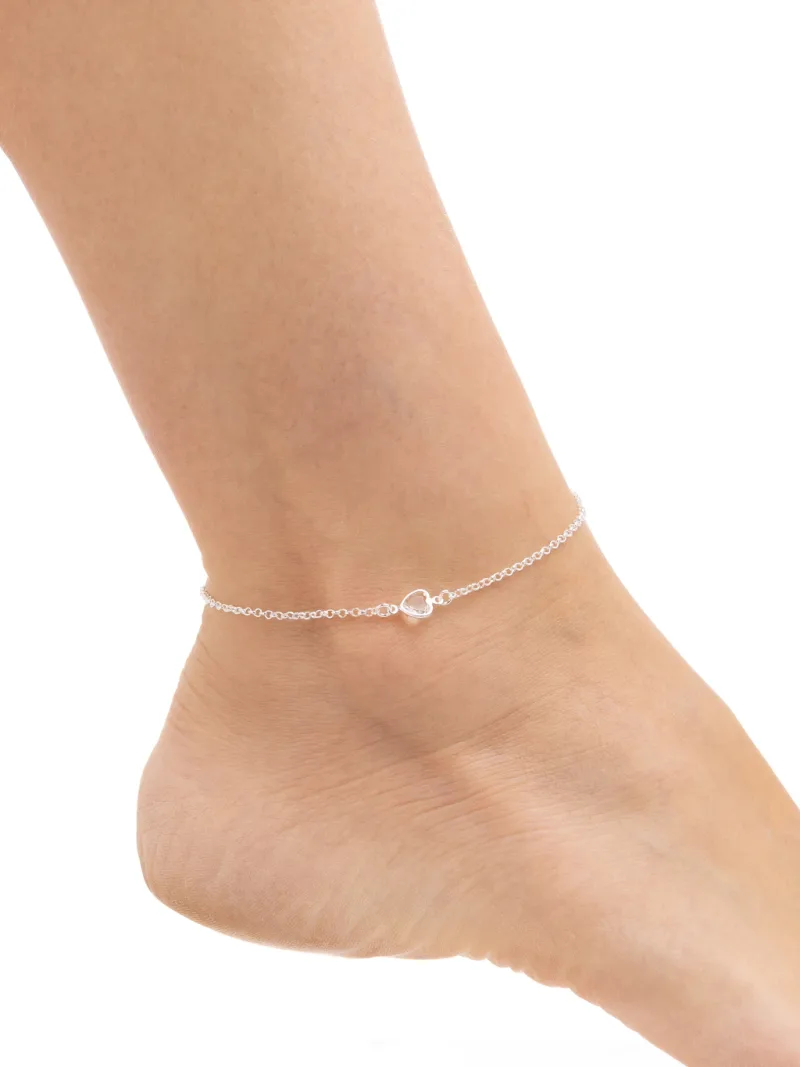 Tornozeleira de Prata 925 Ponto de Luz Coração Branco