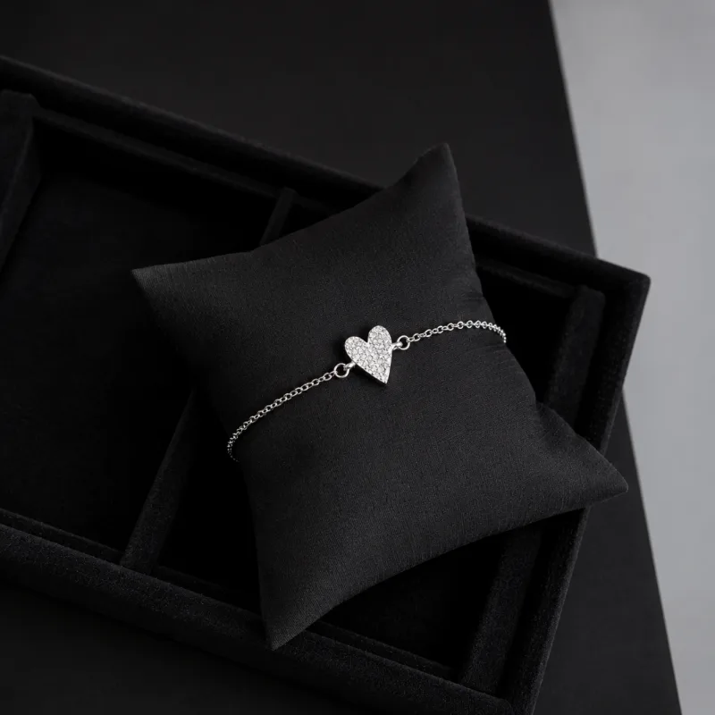 Pulseira Coração Cravejada Elo Português em Prata